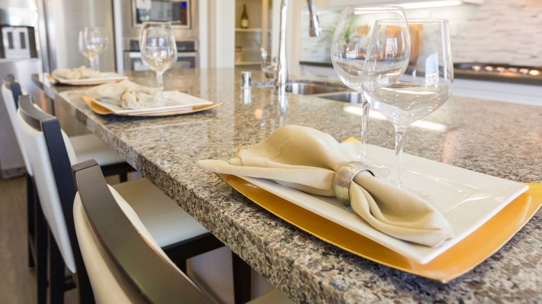 Granite island countertop with an eased edge design