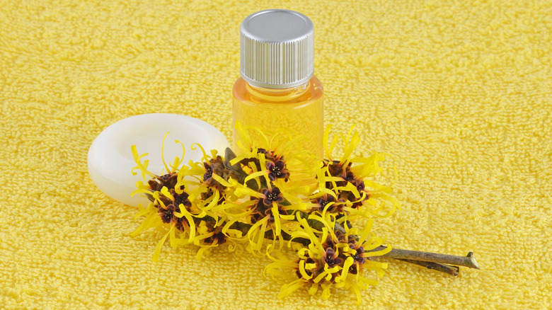 Small bottle of witch hazel on yellow background