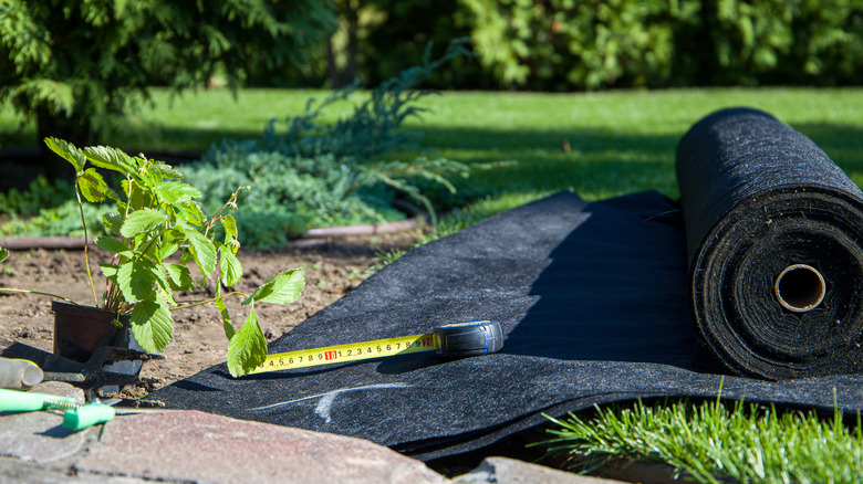 Roll of geotextile in garden