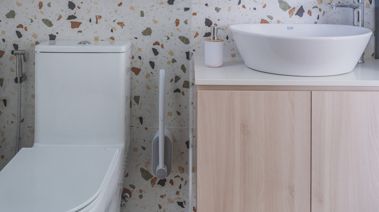 bathroom with toilet, vanity, and terrazzo tile