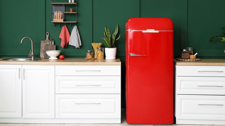 kitchen with red statement fridge