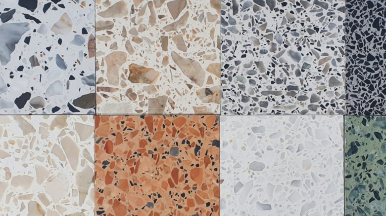 A grid of different colored square terrazzo tiles