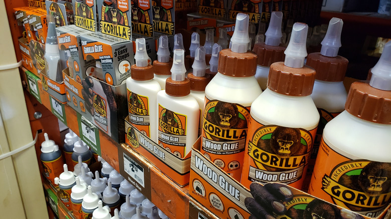 Store shelf stocked with different types of Gorilla Glue