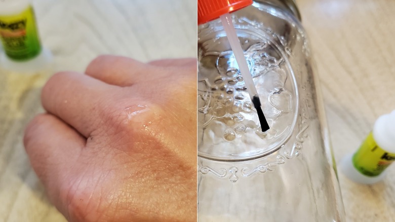 split image of glue on hand and glue on jar