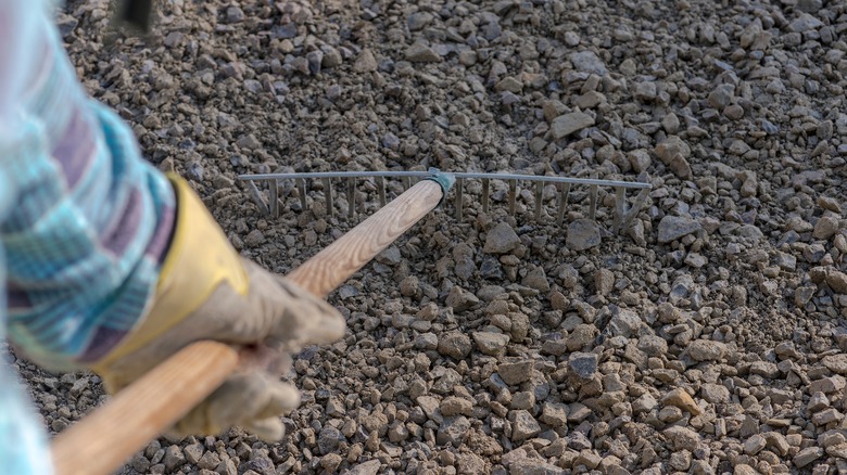 Person raking gravel driveway