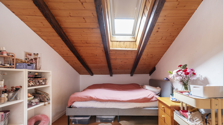 Skylight in a bedroom with blinds