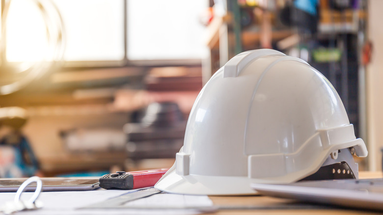 white hard hat on table