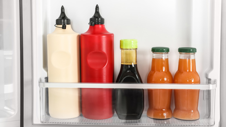 condiments on fridge door