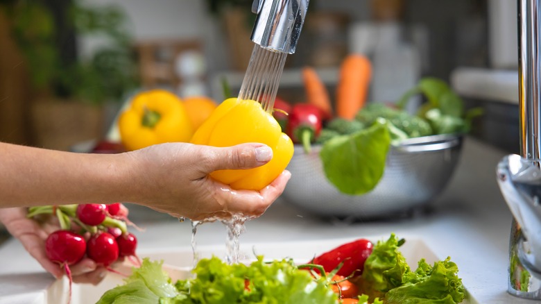 hand washing vegetables in sink