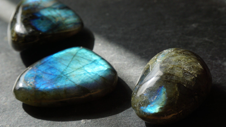 Labradorite stones glimmering in sunlight