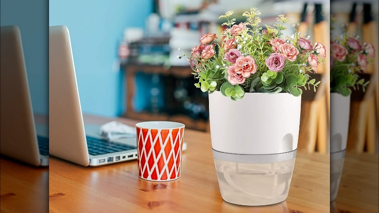 Self-watering planter on table