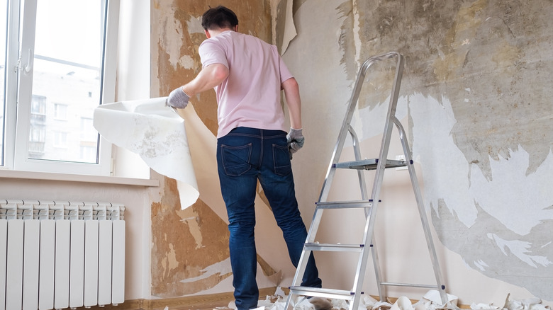 Man removing wallpaper