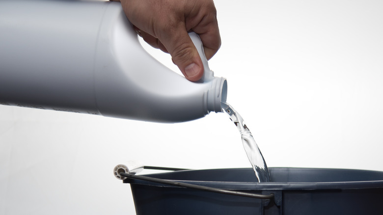 Hand pouring bleach into bucket