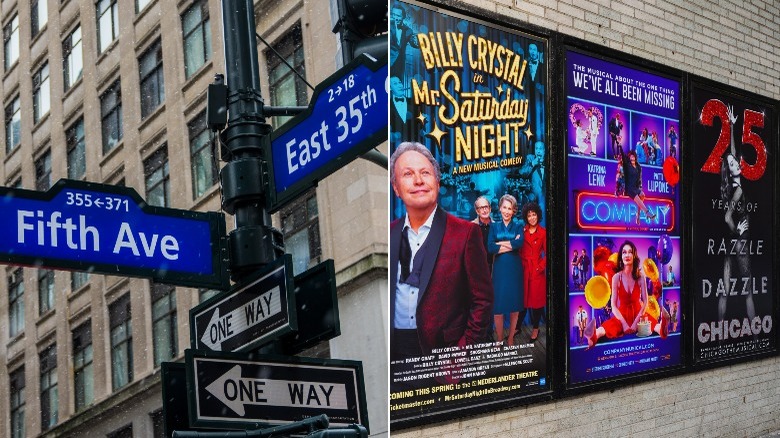 Street sign for 5th Ave (left) and Broadway posters