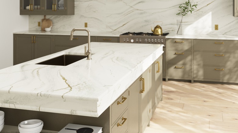 Quartz island kitchen countertop