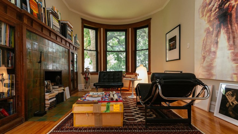 living room with curved windows