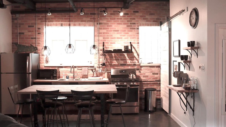 industrial kitchen with brick wall