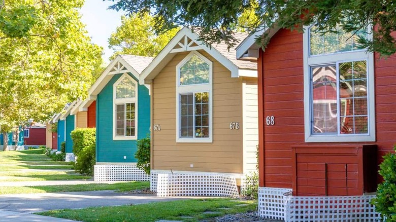 blue brown and red cottages 