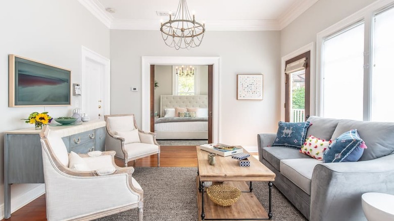 living room with gray couch 