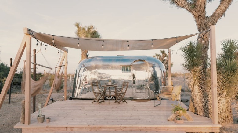 Airstream with deck and lights