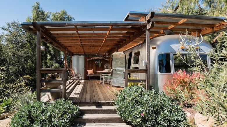 Airstream with large wooden deck