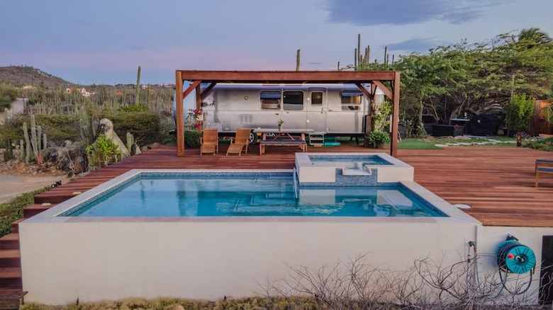 Airstream with pool and hot tub