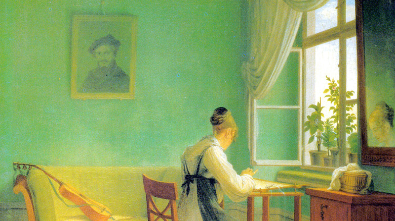 detail from painting of woman in green room