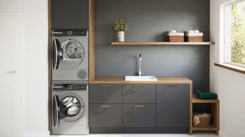 Bosch washer and dryer in a spacious laundry room