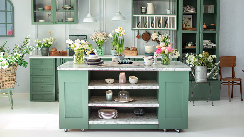 Green kitchen island with storage