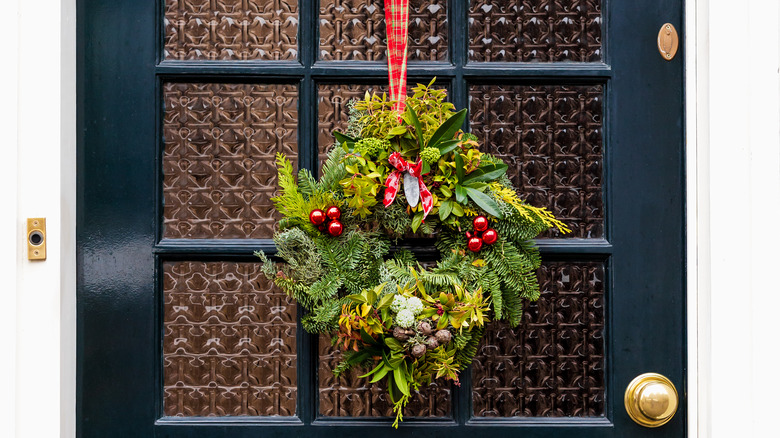 wreath hung by ribbon