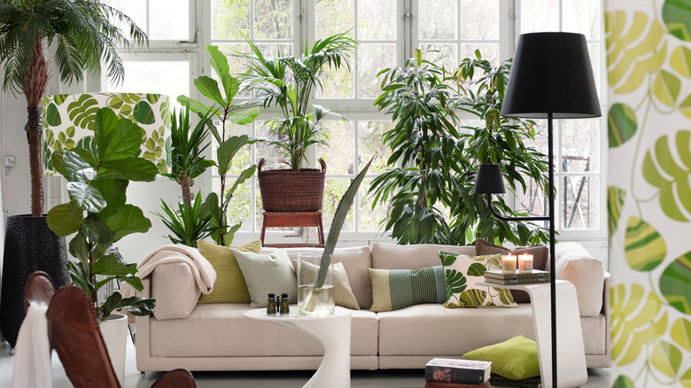 Living room full of plants and plant-patterned fabrics