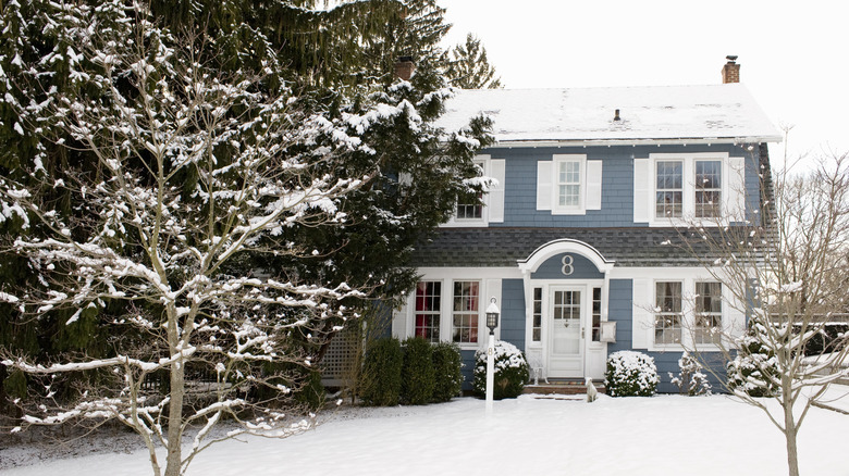 Blue house covered in snow