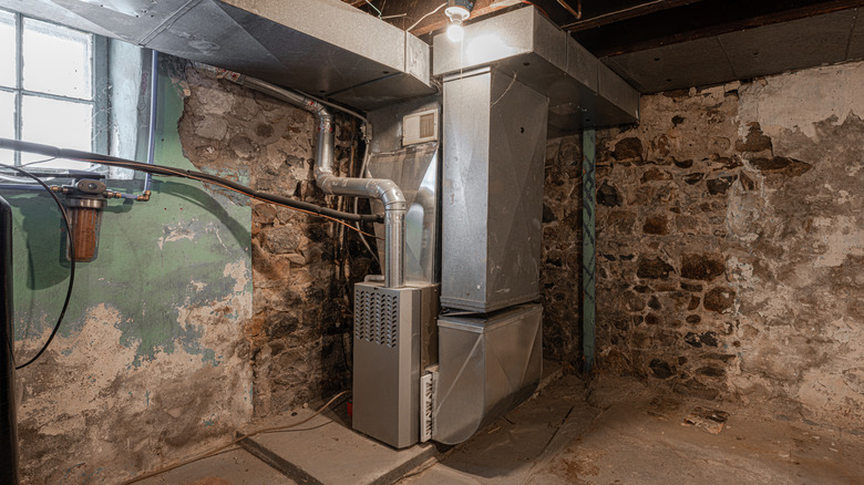 Large furnace in an unfinished basement