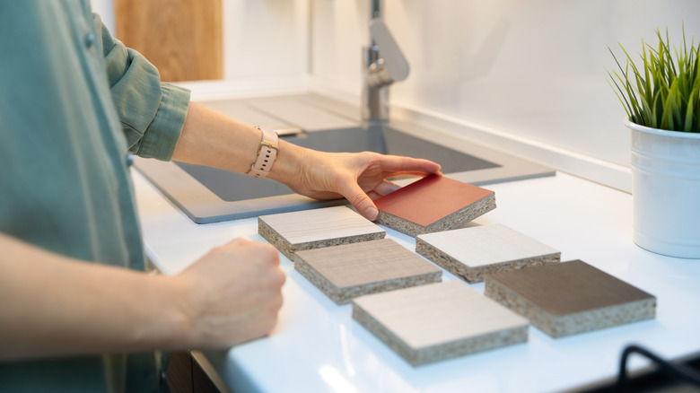 examining countertop material blocks