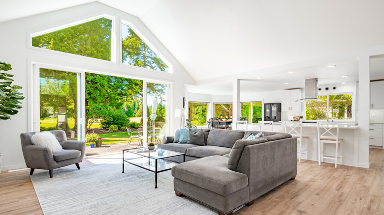 Bright living room with high ceiling