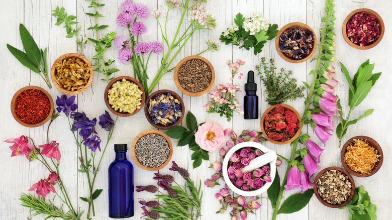 bowls of dried flowers and spices