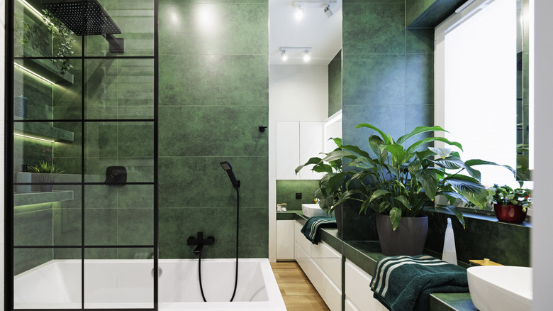 Dark green bathroom with black fixtures and plants