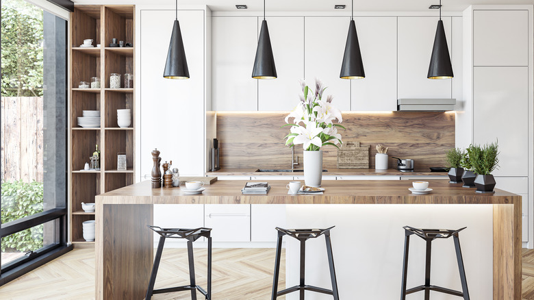 Kitchen with big windows cabinets