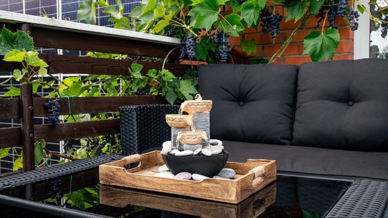 patio with tabletop fountain