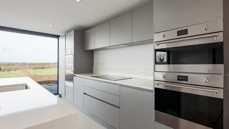 kitchen with stainless steel appliances and inset gray cabinetry