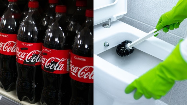 coke and a toilet being scrubbed