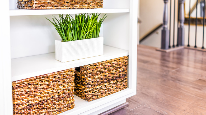 Baskets on open shelves