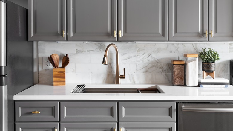 Close up of modern gray cabinets