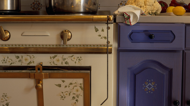 rustic stove and cabinets