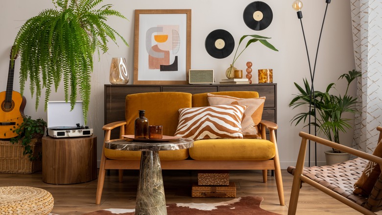 Vintage inspired living room with mustard accents