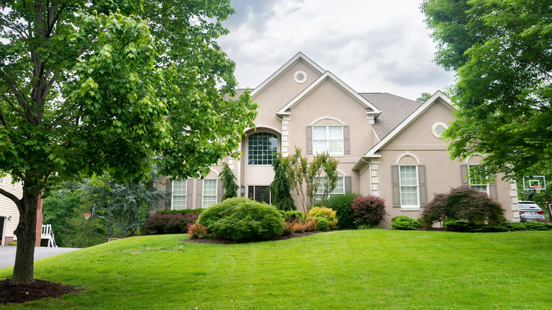 A large house with a well-landscaped front garden