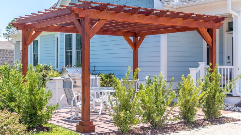 Outdoor patio with pergola and plants