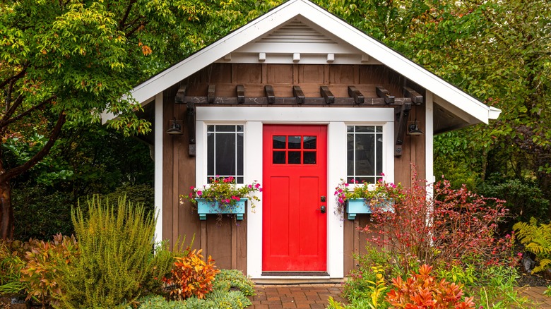 A garden shed with window boxes