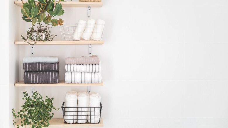 Plants on shelves with rolled towels