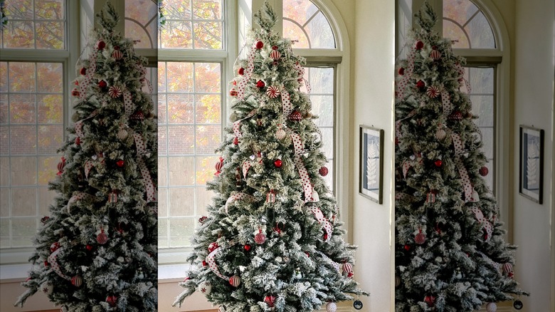 A Christmas tree with red and white cascading ribbon and ornaments